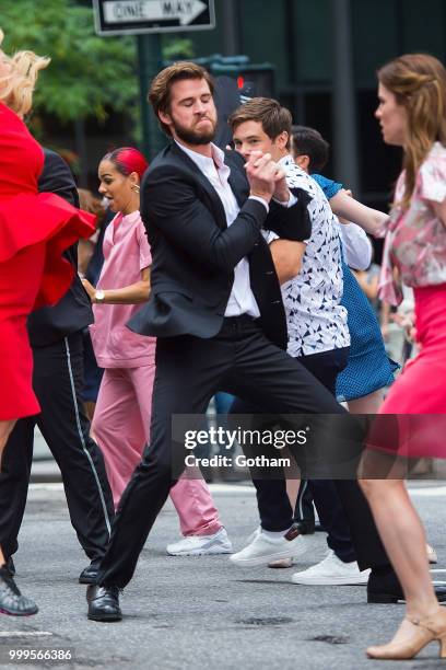 Liam Hemsworth is seen filming a scene for 'Isn't It Romantic?' in Midtown on July 15, 2018 in New York City.