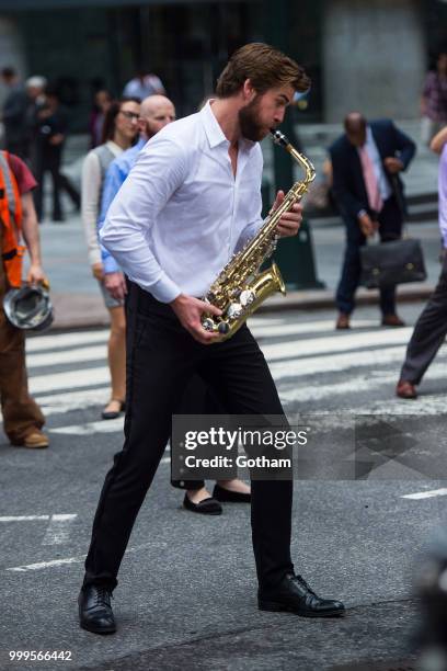 Liam Hemsworth is seen filming a scene for 'Isn't It Romantic?' in Midtown on July 15, 2018 in New York City.