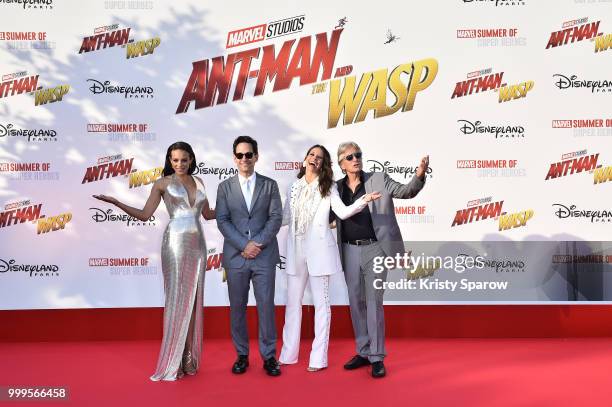Actors Hannah John-Kamen, Paul Rudd, Evangeline Lilly and Michael Douglas attend the European Premiere of Marvel Studios 'Ant-Man And The Wasp' at...