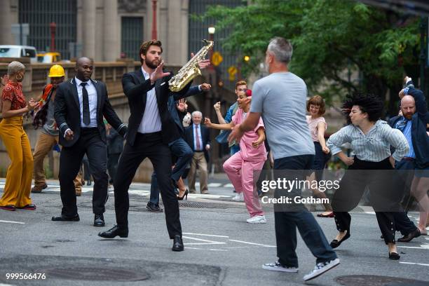 Liam Hemsworth is seen filming a scene for 'Isn't It Romantic?' in Midtown on July 15, 2018 in New York City.