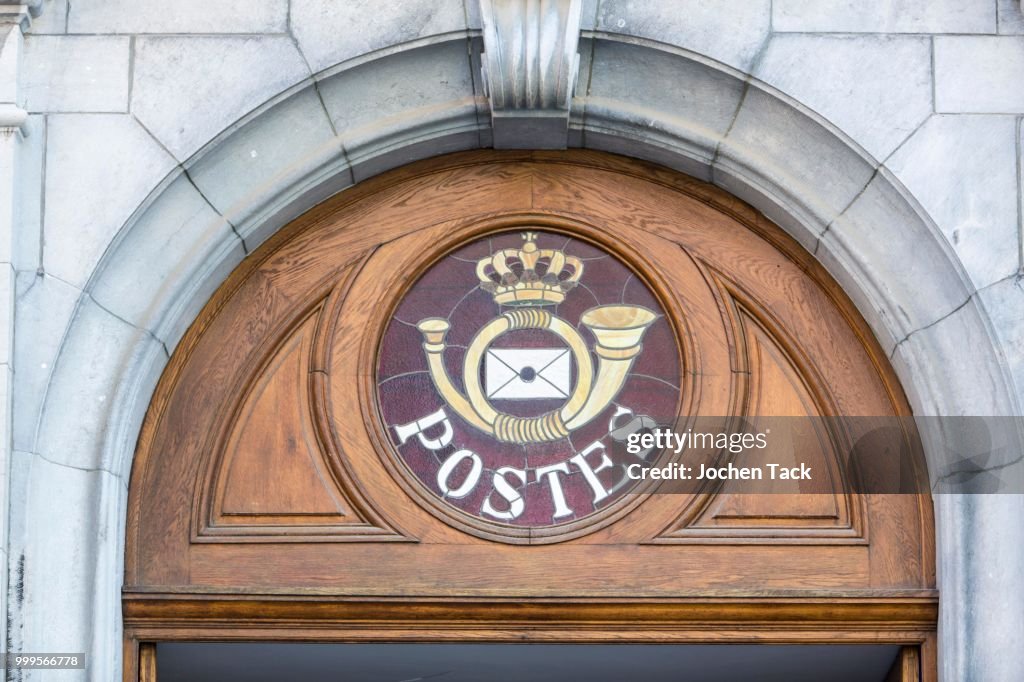 Entrance to the post office, Tournai, Hainaut, Belgium