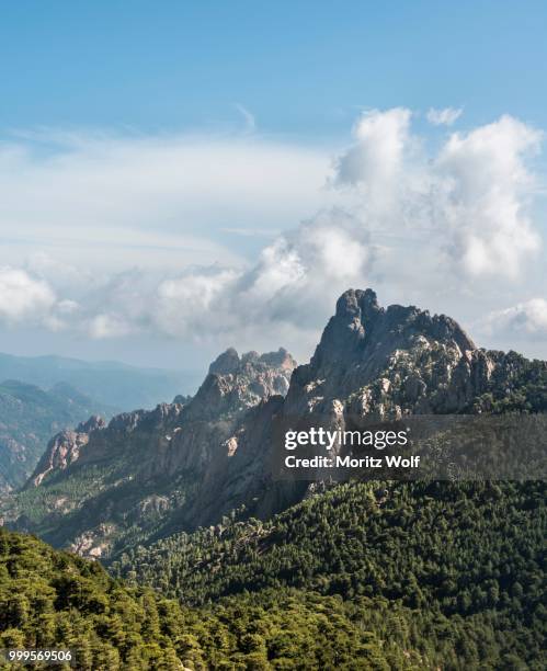 rocky mountain peaks surrounded by pine forests, col de bavella, bavella massif, corsica, france - col stock pictures, royalty-free photos & images