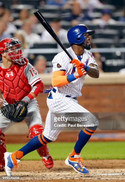 Jose Reyes of the New York Mets bats in an MLB baseball game against the Philadelphia Phillies on July 11, 2018 at Citi Field in the Queens borough...