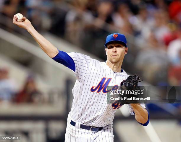 Pitcher Jacob deGrom of the New York Mets throws over in an MLB baseball game against the Philadelphia Phillies on July 11, 2018 at Citi Field in the...