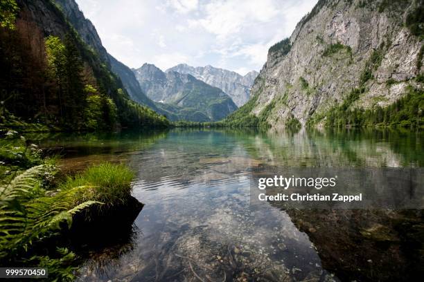 lake obersee with view of watzmann mountains, lake koenigssee, berchtesgaden, bavaria, germany - ベルヒテスガーデンアルプス ストックフォトと画像