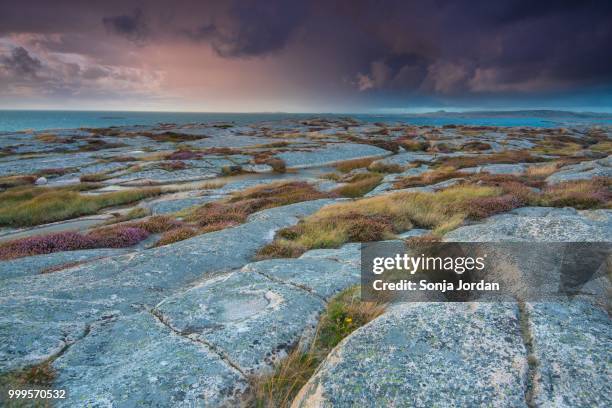 rocks, sunset, stormy atmosphere, coastline near smoegen, bohuslaen province, vaestra goetaland county, sweden - västra götalands län stockfoto's en -beelden