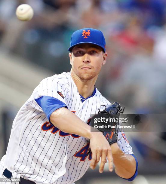 Pitcher Jacob deGrom of the New York Mets throws over in an MLB baseball game against the Philadelphia Phillies on July 11, 2018 at Citi Field in the...