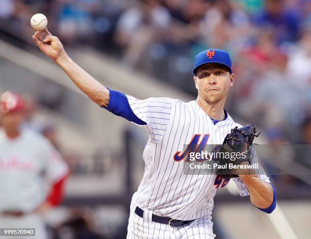 Pitcher Jacob deGrom of the New York Mets throws over in an MLB baseball game against the Philadelphia Phillies on July 11, 2018 at Citi Field in the...