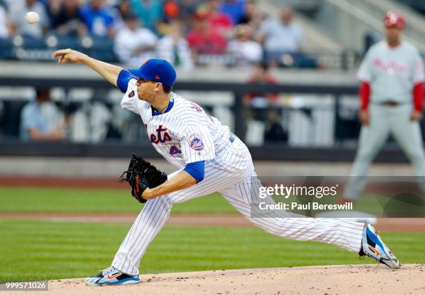 Pitcher Jacob deGrom of the New York Mets pitches in an MLB baseball game against the Philadelphia Phillies on July 11, 2018 at Citi Field in the...