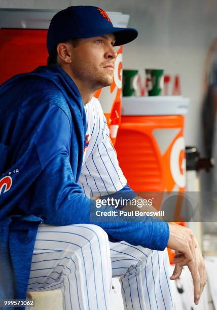 Pitcher Jacob deGrom of the New York Mets sits in the dugout during an MLB baseball game against the Philadelphia Phillies on July 11, 2018 at Citi...