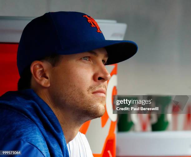 Pitcher Jacob deGrom of the New York Mets sits in the dugout during an MLB baseball game against the Philadelphia Phillies on July 11, 2018 at Citi...