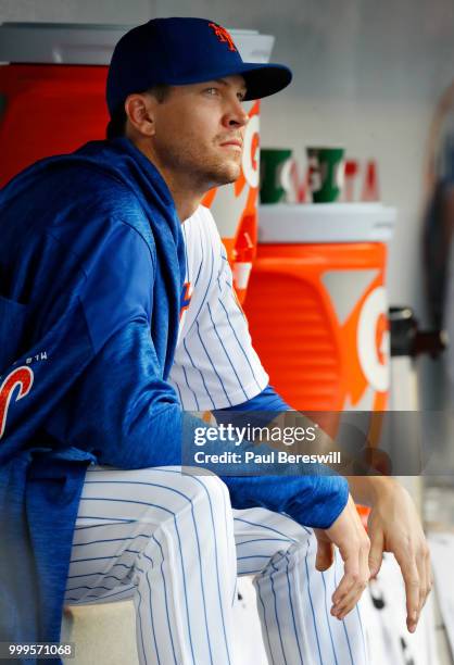 Pitcher Jacob deGrom of the New York Mets sits in the dugout during an MLB baseball game against the Philadelphia Phillies on July 11, 2018 at Citi...