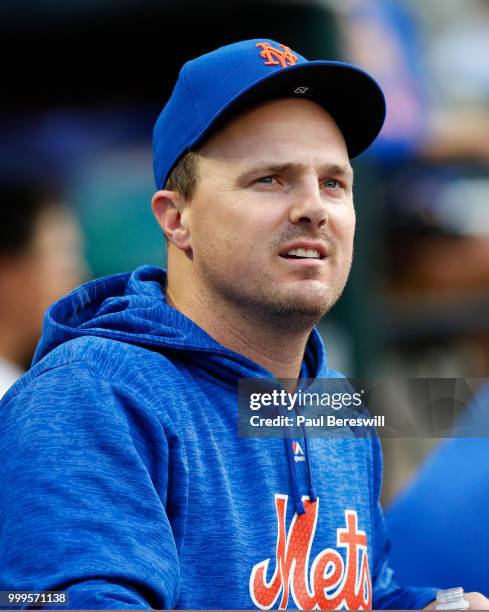 Jay Bruce of the New York Mets watches from the dugout in an MLB baseball game against the Philadelphia Phillies on July 11, 2018 at Citi Field in...