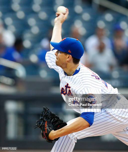 Pitcher Jacob deGrom of the New York Mets pitches in an MLB baseball game against the Philadelphia Phillies on July 11, 2018 at Citi Field in the...