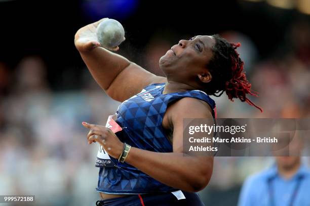 Jessica Cerival of France competes in the Women's Shot Put during day two of the Athletics World Cup London at the London Stadium on July 15, 2018 in...