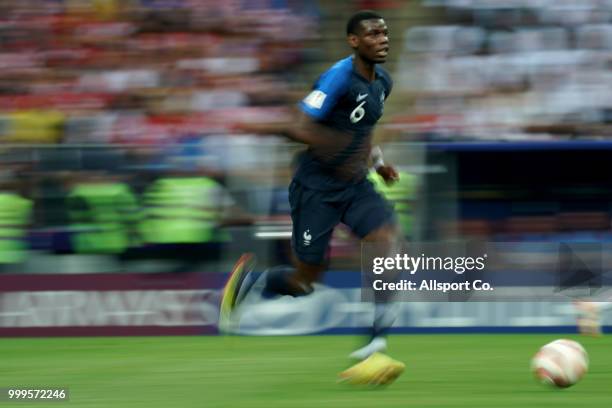 Paul Pogba of France runs with the ball during the 2018 FIFA World Cup Russia Final between France and Croatia at Luzhniki Stadium on July 15, 2018...