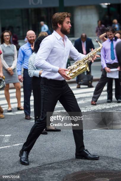 Liam Hemsworth is seen filming a scene for 'Isn't It Romantic?' in Midtown on July 15, 2018 in New York City.