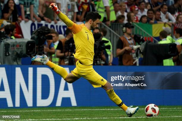 Hugo Lloris of France kicks the ball during the 2018 FIFA World Cup Russia Final between France and Croatia at Luzhniki Stadium on July 15, 2018 in...