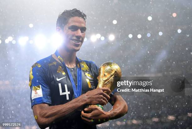 Raphael Varane of France celebrates with the World Cup Trophy following his sides victory in the 2018 FIFA World Cup Final between France and Croatia...