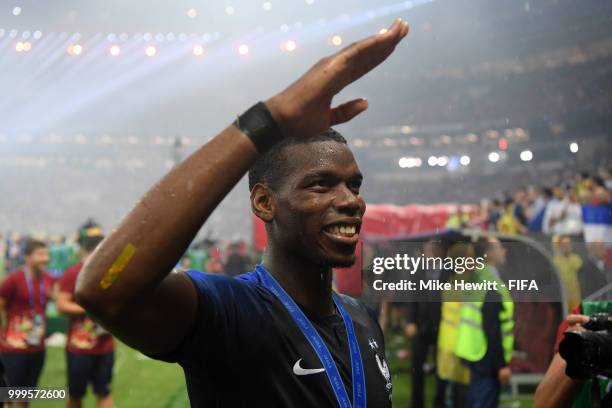 Paul Pogba of France celebrates following his sides victory in the 2018 FIFA World Cup Final between France and Croatia at Luzhniki Stadium on July...