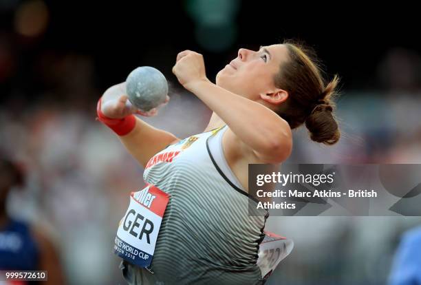 Sarah Schmidt of Germany competes in the Women's Shot Put during day two of the Athletics World Cup London at the London Stadium on July 15, 2018 in...