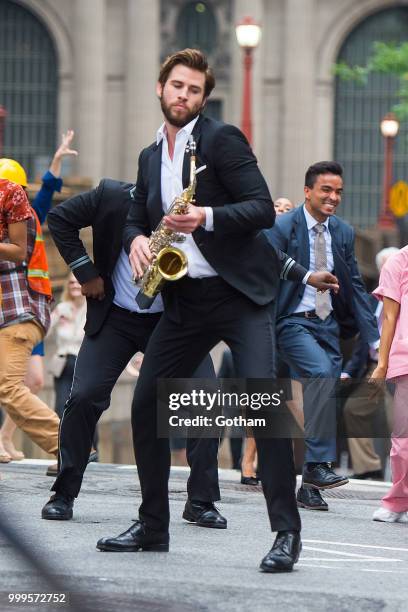 Liam Hemsworth is seen filming a scene for 'Isn't It Romantic?' in Midtown on July 15, 2018 in New York City.