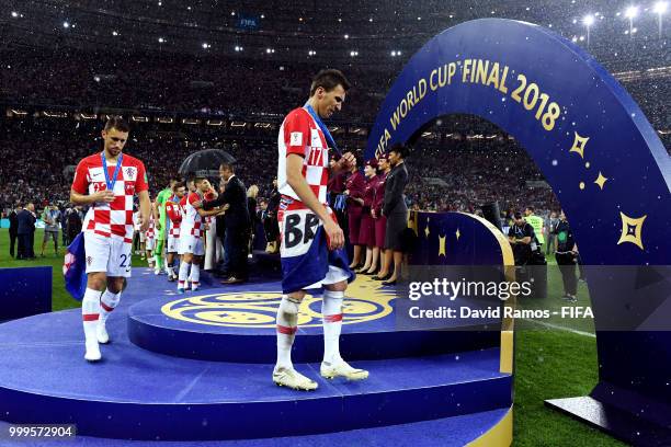 Mario Mandzukic of Croatia walks off the stage following the 2018 FIFA World Cup Final between France and Croatia at Luzhniki Stadium on July 15,...