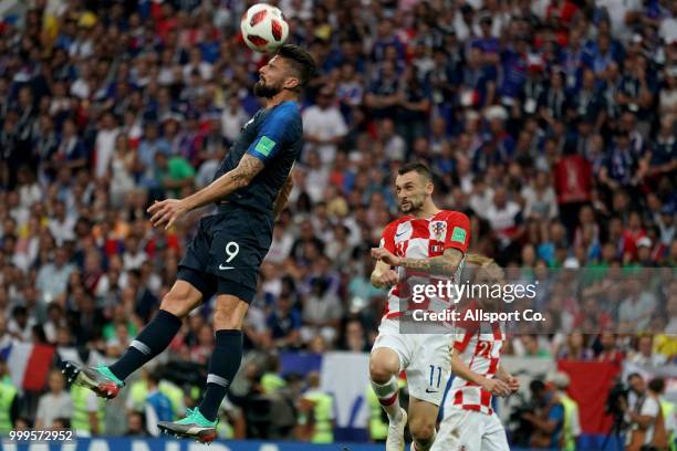 Olivier Giroud of France heads the ball during the 2018 FIFA World Cup Russia Final between France and Croatia at Luzhniki Stadium on July 15, 2018...