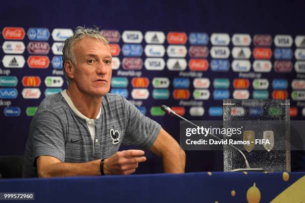 Didier Deschamps, Manager of France speaks to media during the press conference after the 2018 FIFA World Cup Final between France and Croatia at...