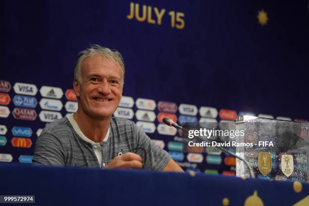 Didier Deschamps, Manager of France speaks to media during the press conference after the 2018 FIFA World Cup Final between France and Croatia at...