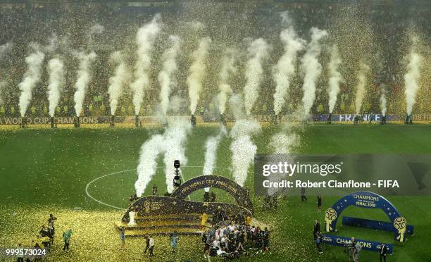 General view inside the stadium as France celebrate with the World Cup trophy following the 2018 FIFA World Cup Final between France and Croatia at...