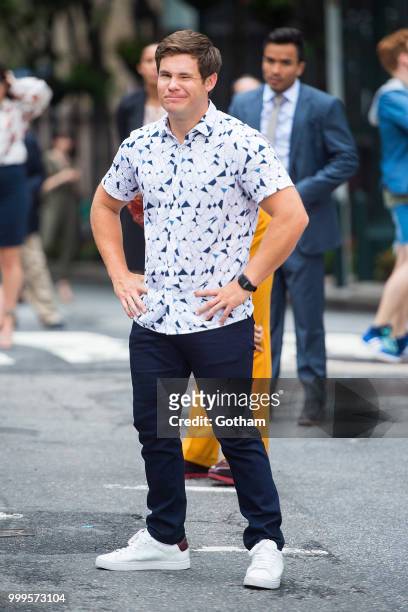 Adam Devine is seen filming a scene for 'Isn't It Romantic?' in Midtown on July 15, 2018 in New York City.