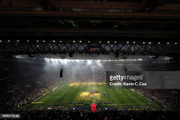 General view inside the stadium as France celebrate following their sides victory in the 2018 FIFA World Cup Final between France and Croatia at...