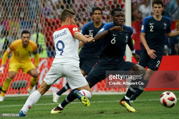 Paul Pogba of France competes for the ball during the 2018 FIFA World Cup Russia Final between France and Croatia at Luzhniki Stadium on July 15,...