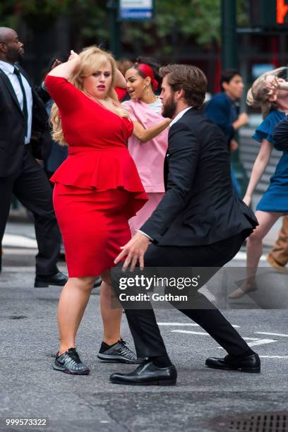 Rebel Wilson and Liam Hemsworth are seen filming a scene for 'Isn't It Romantic?' in Midtown on July 15, 2018 in New York City.