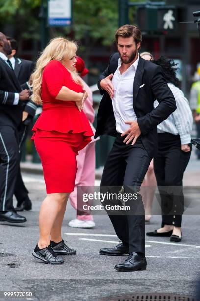 Rebel Wilson and Liam Hemsworth are seen filming a scene for 'Isn't It Romantic?' in Midtown on July 15, 2018 in New York City.