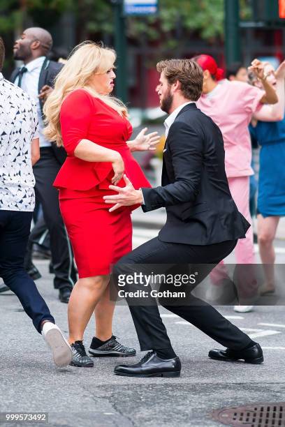 Rebel Wilson and Liam Hemsworth are seen filming a scene for 'Isn't It Romantic?' in Midtown on July 15, 2018 in New York City.