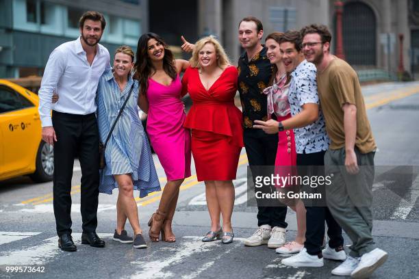 Liam Hemsworth, Priyanka Chopra, Rebel Wilson and Adam Devine are seen filming a scene for 'Isn't It Romantic?' in Midtown on July 15, 2018 in New...