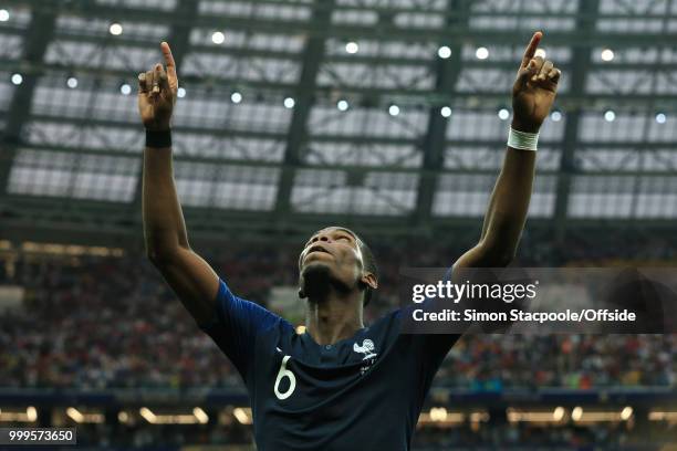 Paul Pogba of France celebrates victory after the 2018 FIFA World Cup Russia Final between France and Croatia at the Luzhniki Stadium on July 15,...