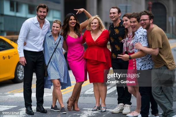 Liam Hemsworth, Priyanka Chopra, Rebel Wilson and Adam Devine are seen filming a scene for 'Isn't It Romantic?' in Midtown on July 15, 2018 in New...