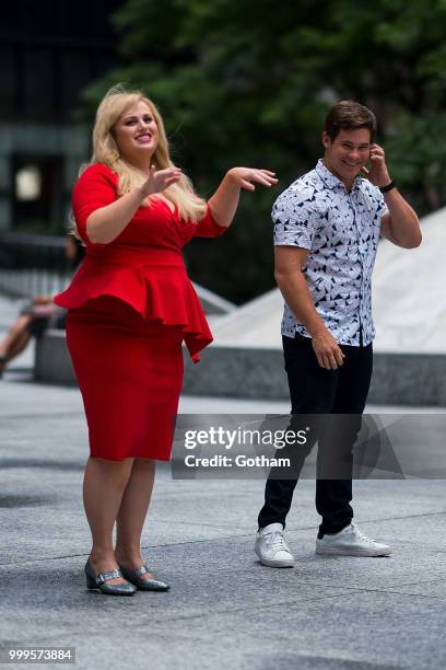 Rebel Wilson and Adam Devine are seen filming a scene for 'Isn't It Romantic?' in Midtown on July 15, 2018 in New York City.