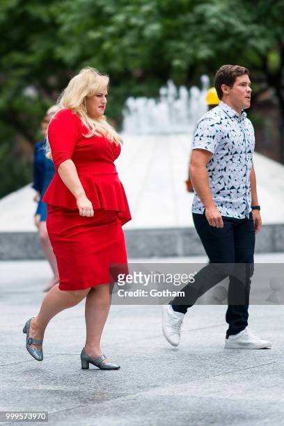 Rebel Wilson and Adam Devine are seen filming a scene for 'Isn't It Romantic?' in Midtown on July 15, 2018 in New York City.