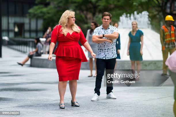 Rebel Wilson and Adam Devine are seen filming a scene for 'Isn't It Romantic?' in Midtown on July 15, 2018 in New York City.