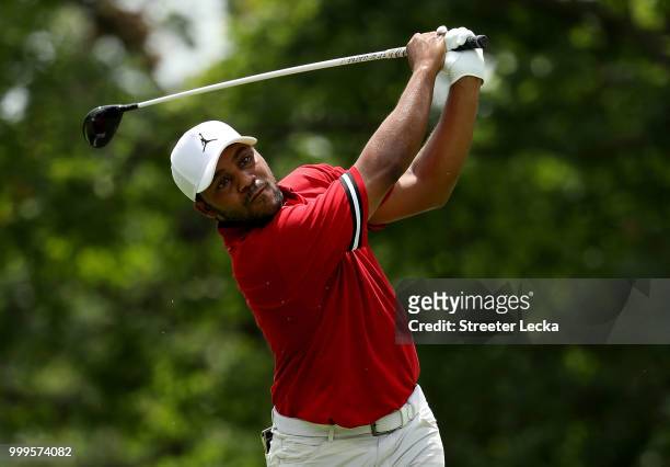Harold Varner III hits a tee shot on the fifth hole during the final round of the John Deere Classic at TPC Deere Run on July 15, 2018 in Silvis,...
