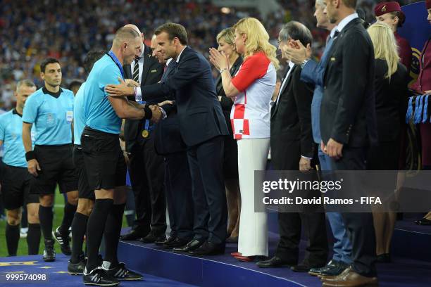 Match Referee Nestor Pitana is congratulated during the 2018 FIFA World Cup Final between France and Croatia at Luzhniki Stadium on July 15, 2018 in...