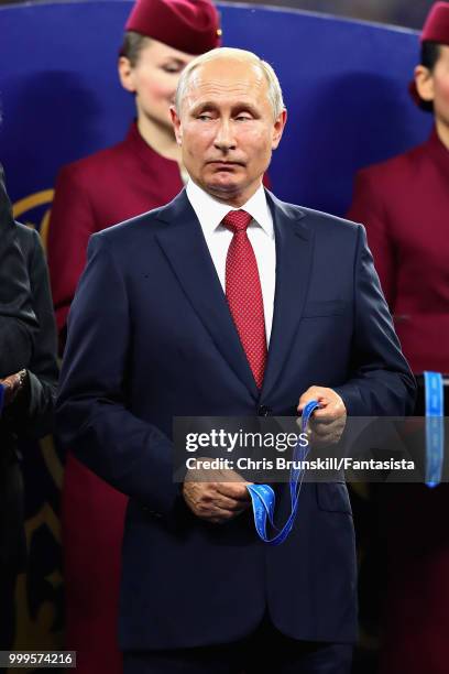 President of Russia Vladimir Putin looks on after the 2018 FIFA World Cup Russia Final between France and Croatia at Luzhniki Stadium on July 15,...