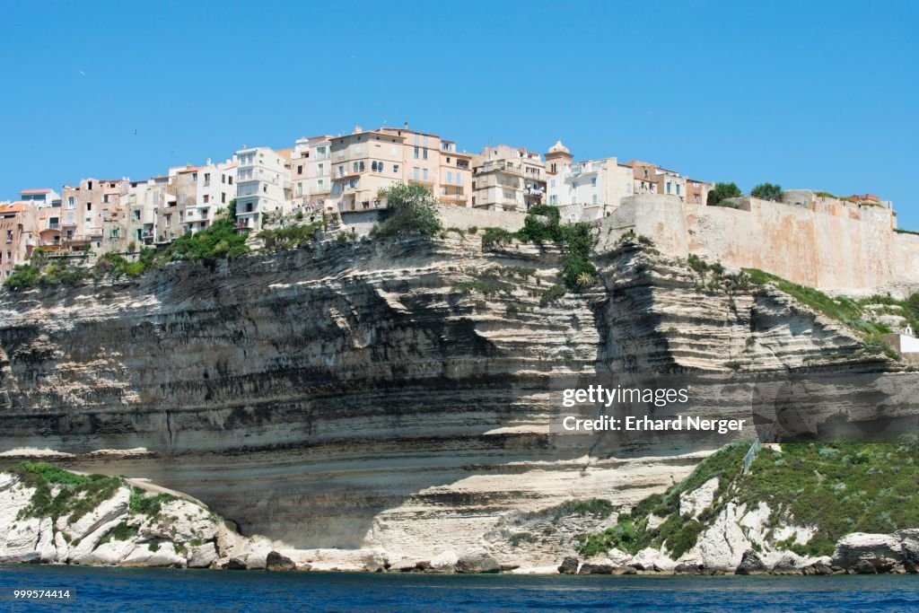 View from the water to the Citadel of Bonifacio, Corsica, France