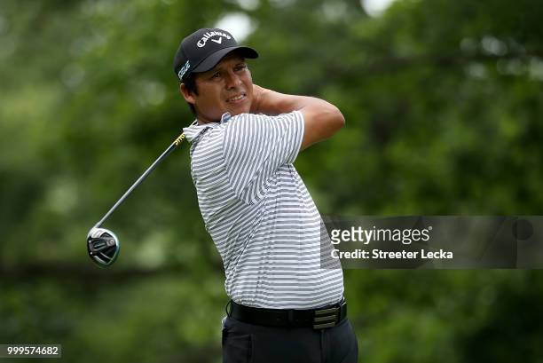 Andres Romero of Argentina hits a tee shot on the fifth hole during the final round of the John Deere Classic at TPC Deere Run on July 15, 2018 in...