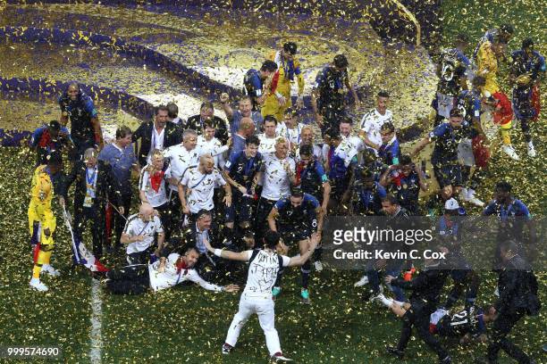 France celebrate with the trophy following victory in the 2018 FIFA World Cup Final between France and Croatia at Luzhniki Stadium on July 15, 2018...