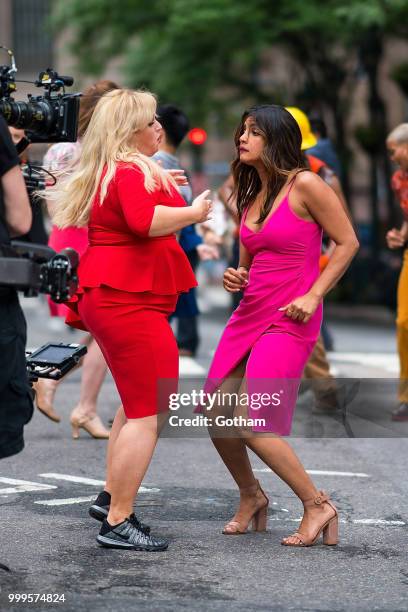 Rebel Wilson and Priyanka Chopra are seen filming a scene for 'Isn't It Romantic?' in Midtown on July 15, 2018 in New York City.